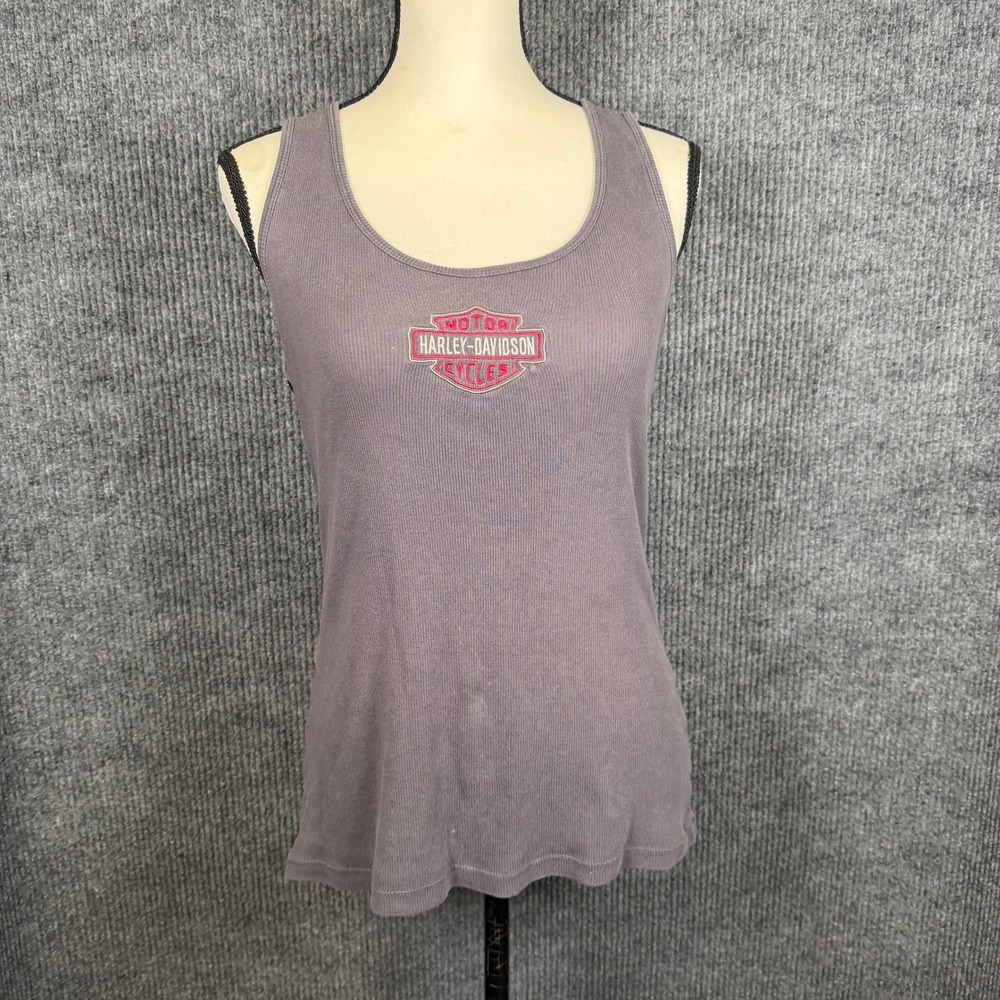 Harley-Davidson Tank Top Womens M Gray Pink Willie G Skull Spiderweb Cutout Y2K - Picture 3 of 13